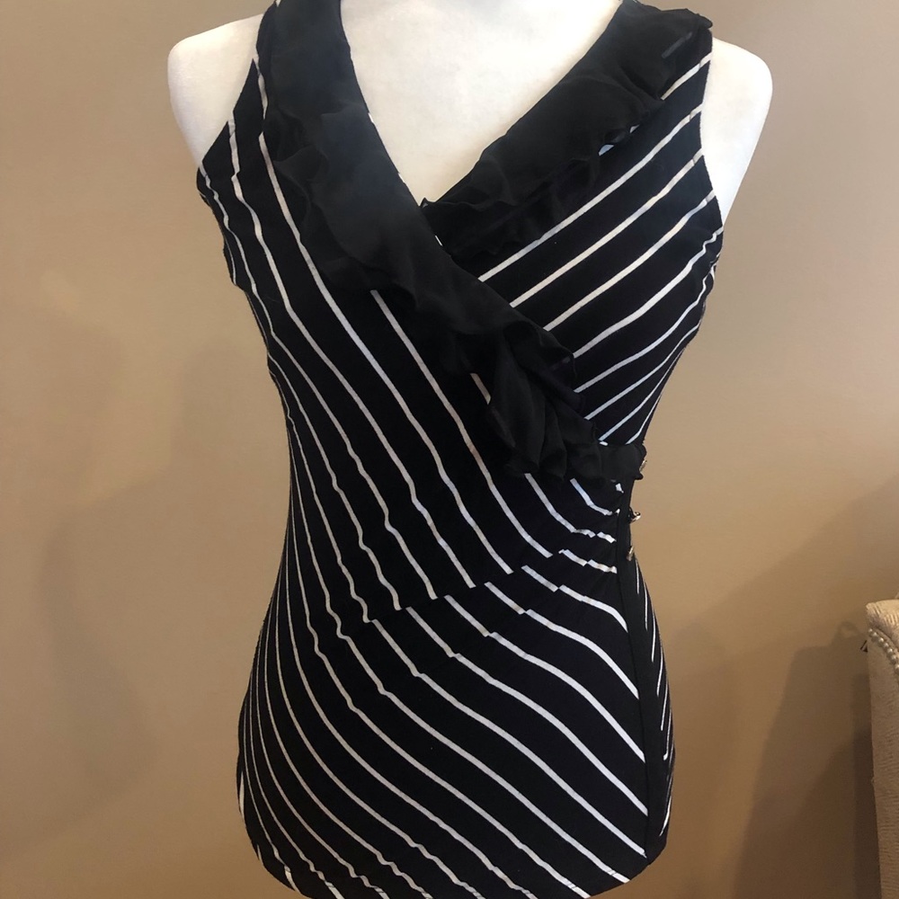 White House Black Market Black and White Stripe Tank w/ Chiffon Ruffle Detail XS